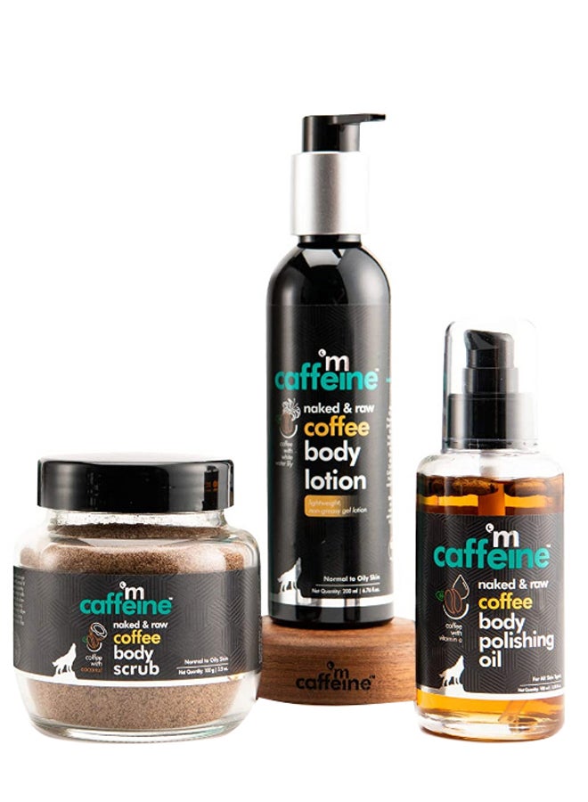 مقشر الجسم نيكد آند رو بالقهوة مع لوشن بالإضافة إلي زيت تلميع بلون القهوة Body Scrub (100 g), Body Lotion (200 ml), Body Oil (100 ml)