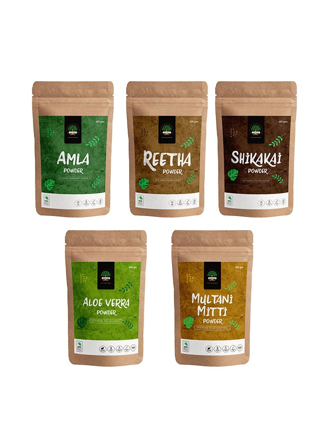 جرين تري مجموعة مسحوق بخلاصة أعشاب الريثا والأملا والشيكاكاي والألوفيرا ومولتاني ميتي مكونة من 5 قطع 100جرام - Image 2