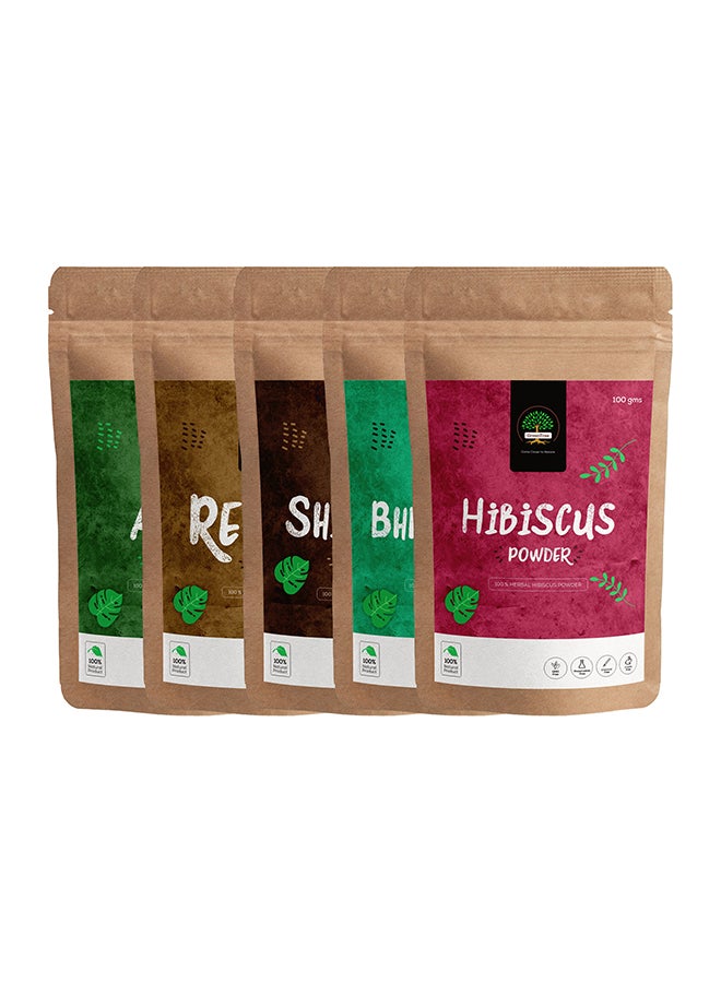 جرين تري مجموعة مسحوق أعشاب ريثا وأملا وشيكاكاي وبهرينجراج ومسحوق الكركديه من 5 قطع 100جرام - Image 1