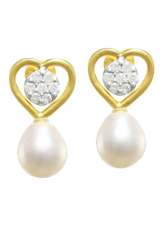 Vera Perla 18K Solid Gold 0.14Ct Diamond And Pearls Solitaire Heart Earrings  - Image 1