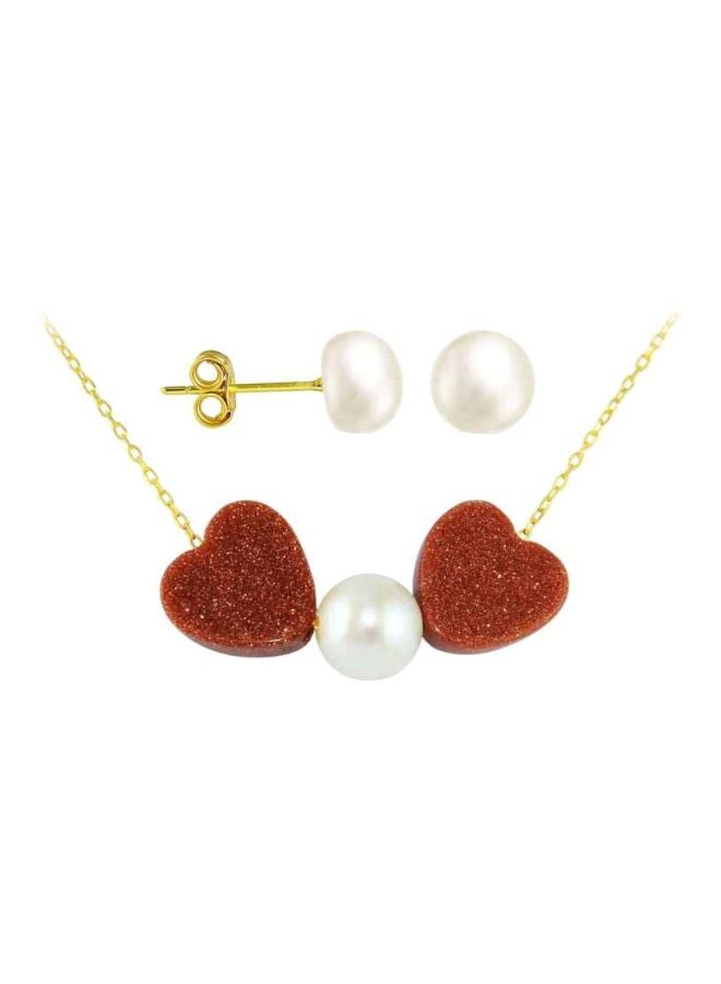 Vera Perla 18 Karat Solid Gold Heart Sunstones And Pearl Set  - Image 1