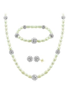 10K Gold Gradual Crystal Balls And Pearls Strand Jewellery Set