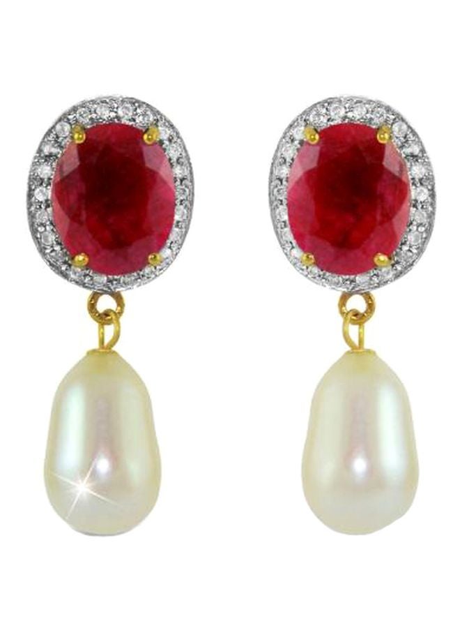 Vera Perla 18 Karat Gold 0.24Ct Diamond Ruby And Pearl Studded Earrings  - Image 1