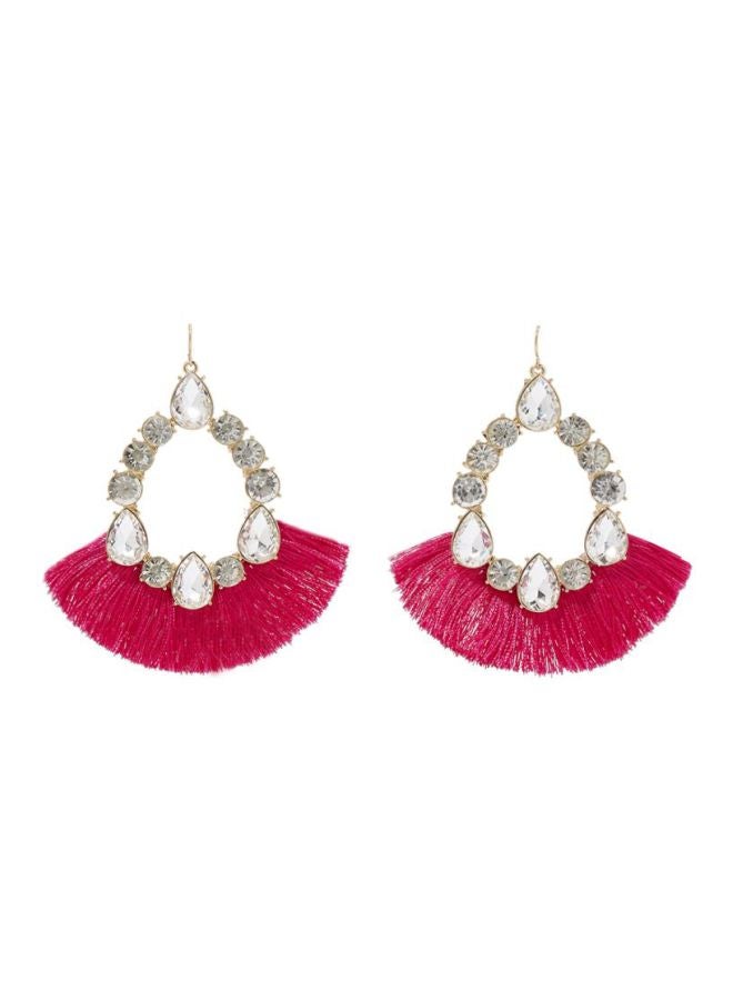 YUEJIN - Crystal Studded Tear Drop Tassel Earrings - Image 1