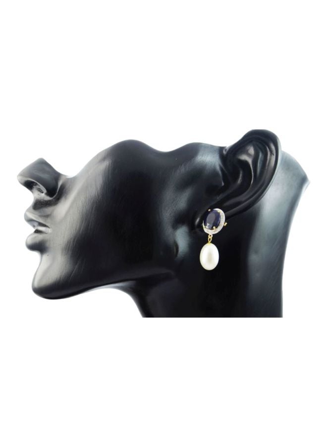 Vera Perla 18 Karat Gold Diamond Oval Sapphire And Pearl Studded Earrings  - Image 2