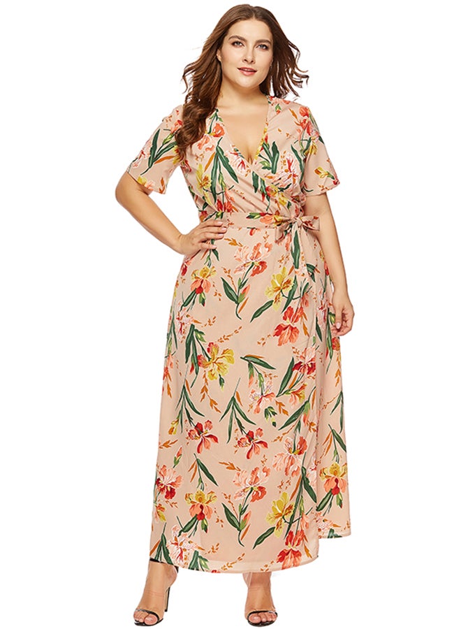 Floral Side Knot Detail Dress Beige - Image 1