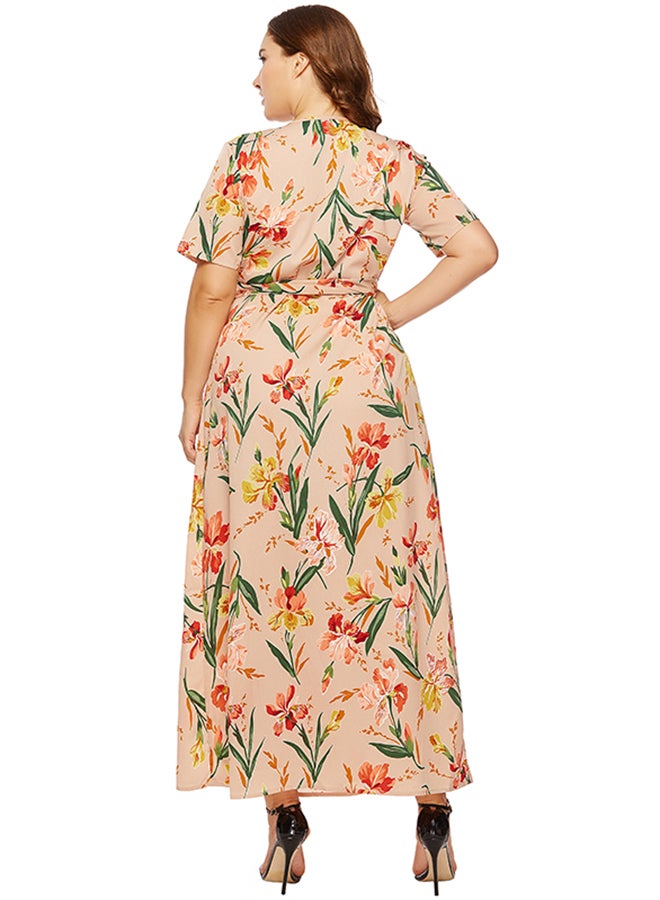 Floral Side Knot Detail Dress Beige - Image 2