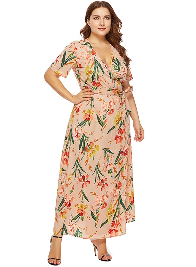 Floral Side Knot Detail Dress Beige - Image 3