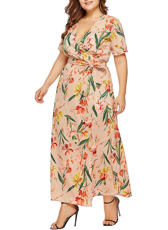 Floral Side Knot Detail Dress Beige - Image 4