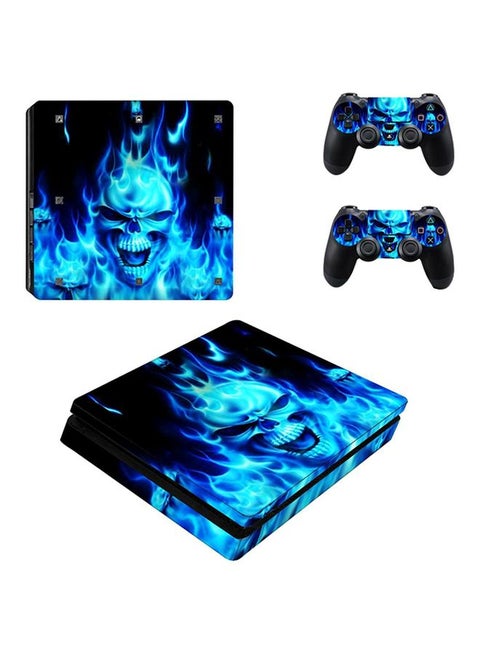 3-Piece Fire Skull Printed Console And Controller Skin Sticker Set For PlayStation 4 Slim