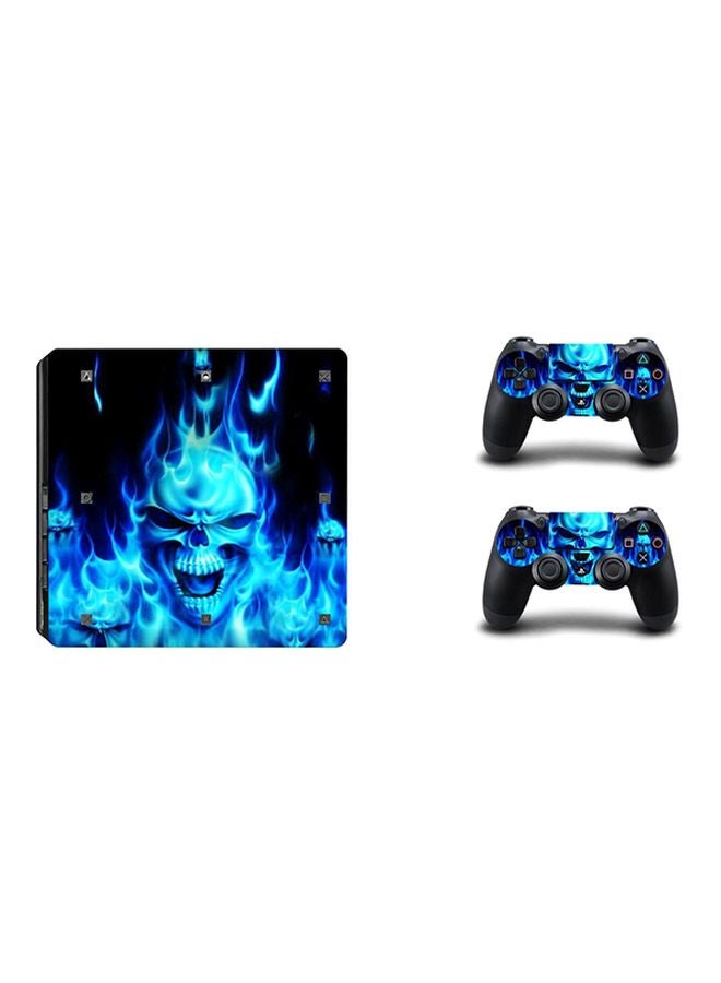 3-Piece Fire Skull Printed Console And Controller Skin Sticker Set For PlayStation 4 Slim