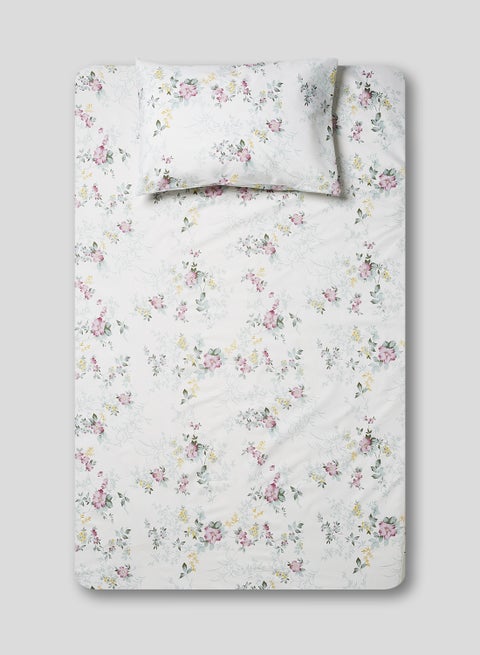 2-Piece 180 TC Premium Collection Single Size Rose Mallow Bedsheet And Pillow Case Set Includes 1x Bedsheet 147x240 cm, 1x Pillow Case 50x75 cm Cotton Multicolour