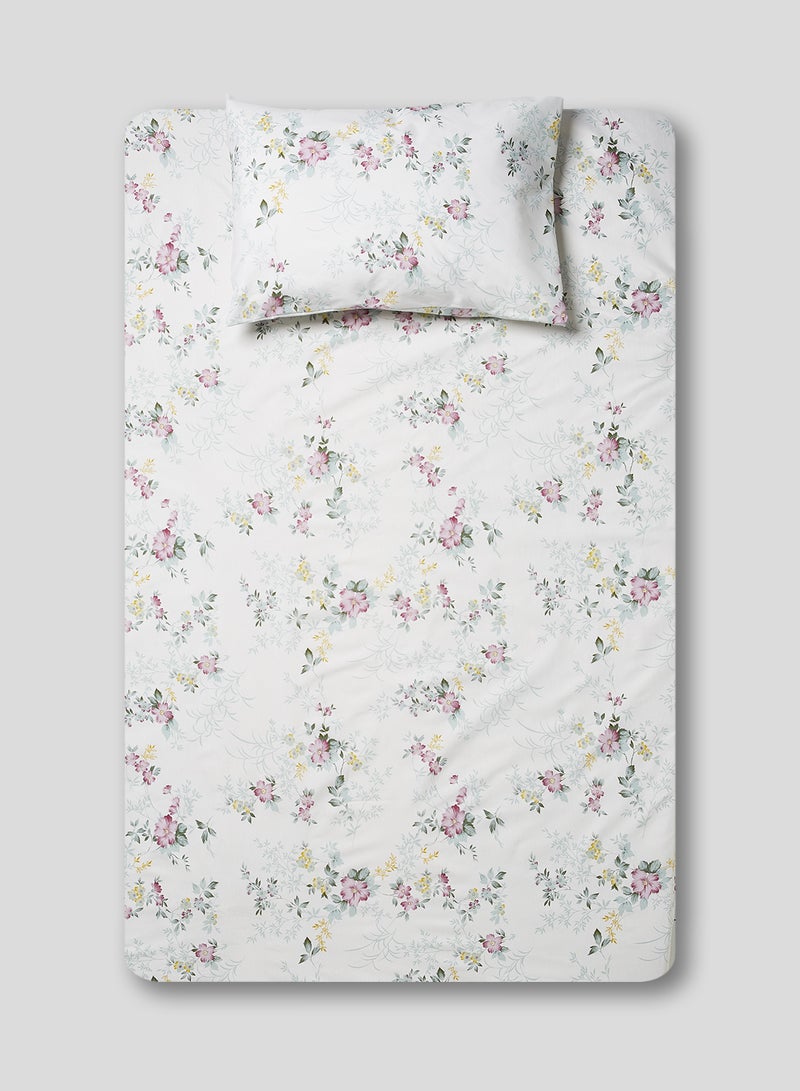 2-Piece 180 TC Premium Collection Single Size Rose Mallow Bedsheet And Pillow Case Set Includes 1x Bedsheet 147x240 cm, 1x Pillow Case 50x75 cm Cotton Multicolour