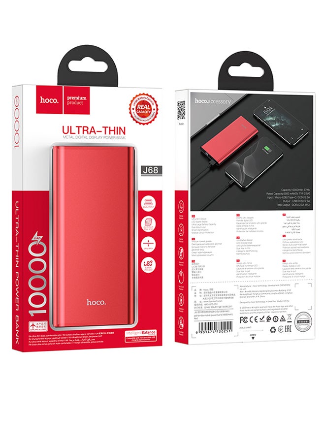 Hoco - 10000.0 mAh 2-Port Ultra Thin Digital Display Power Bank Red/Black - Image 1