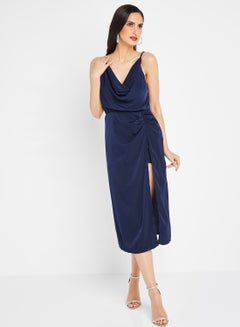 Cowl Neck Long Slit Dress Navy