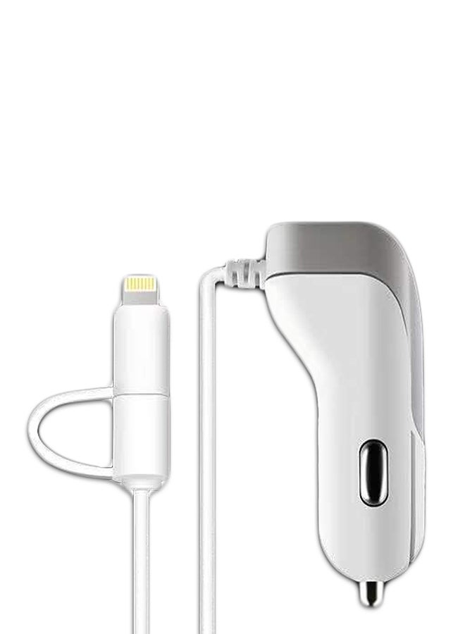 Dual USB Car Charger With Data Cable White/Grey - Image 2
