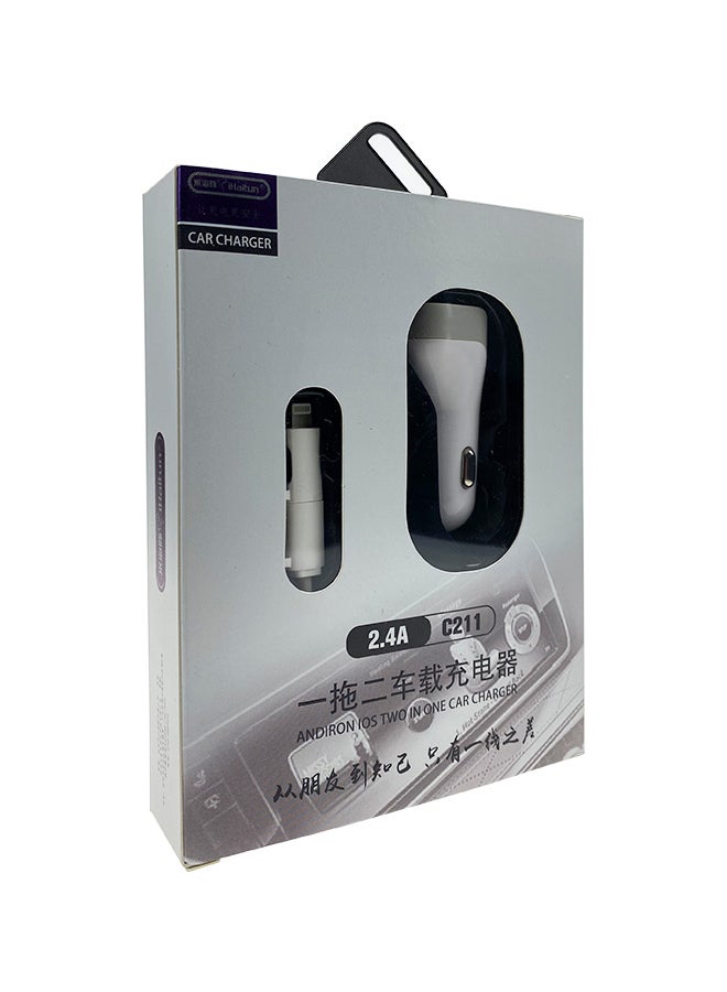 Dual USB Car Charger With Data Cable White/Grey - Image 1
