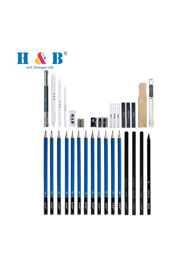 H&B - Pack Of 32 Professional Pencil Drawing Kit Blue/White/Black - Image 1