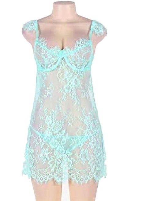 Lace Detailed Hollow Out Lingerie Dress With G-String Green