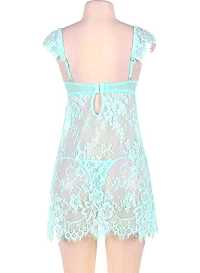 Lace Detailed Hollow Out Lingerie Dress With G-String Green  - Image 2