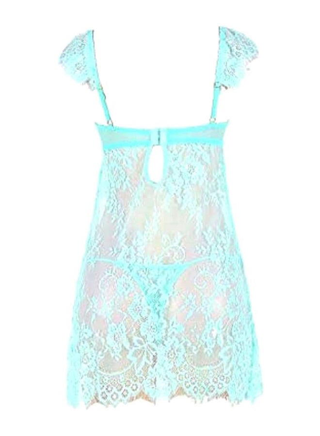 Lace Detailed Hollow Out Lingerie Dress With G-String Green  - Image 4