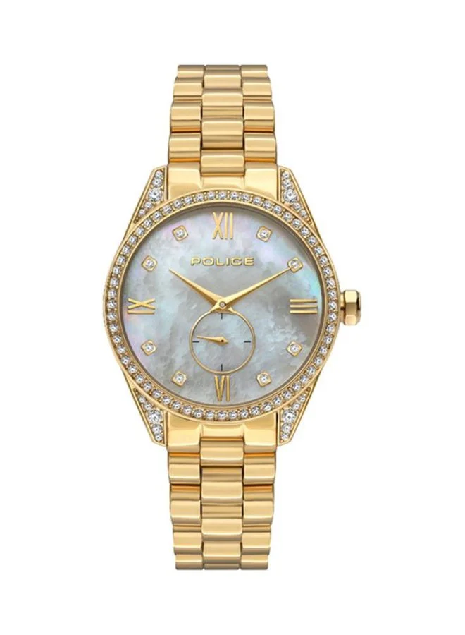 بوليس Police Uloya Analogue Gold Plated Case, White Dial And Gold Plated Watch For Women - PL 15691BSG-D28M
