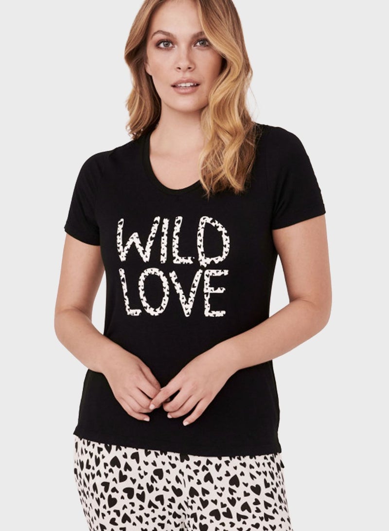 لا في إن روز تيشيرت بطبعة رسمة أسود/ أبيض - Image 1