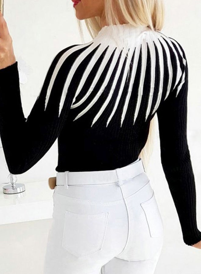 Stripe Pattern Turtleneck Pullover Black/White  - Image 2
