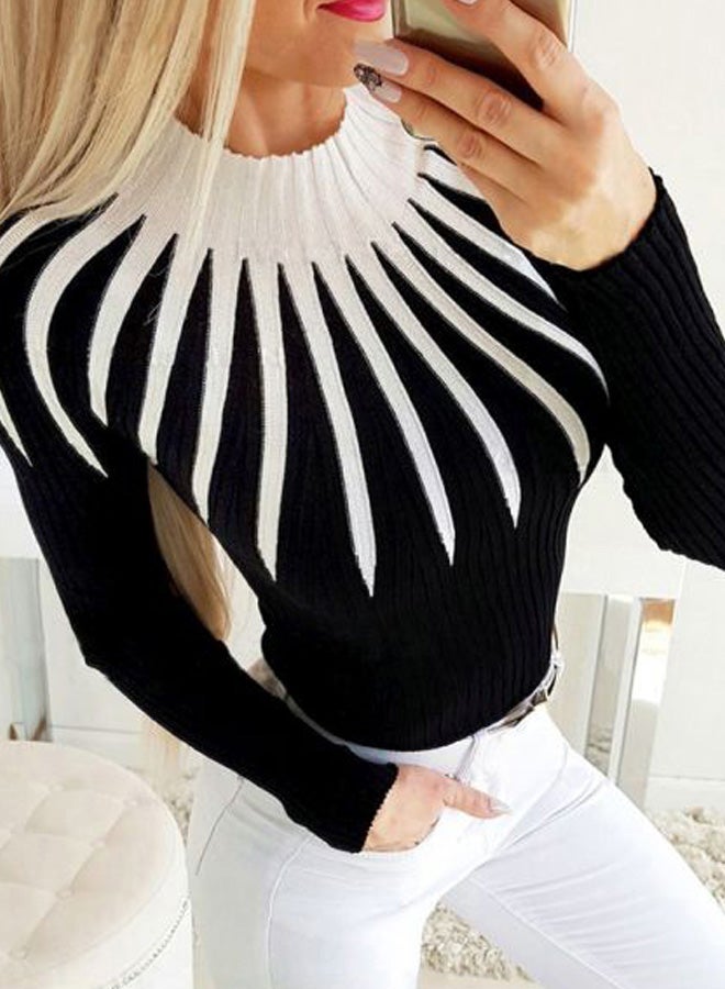 Stripe Pattern Turtleneck Pullover Black/White  - Image 4