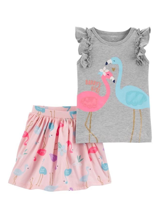 carter's 2 Pack Flamingo Printed T-Shirt And Skirt Set Grey/Pink/Blue  - Image 1