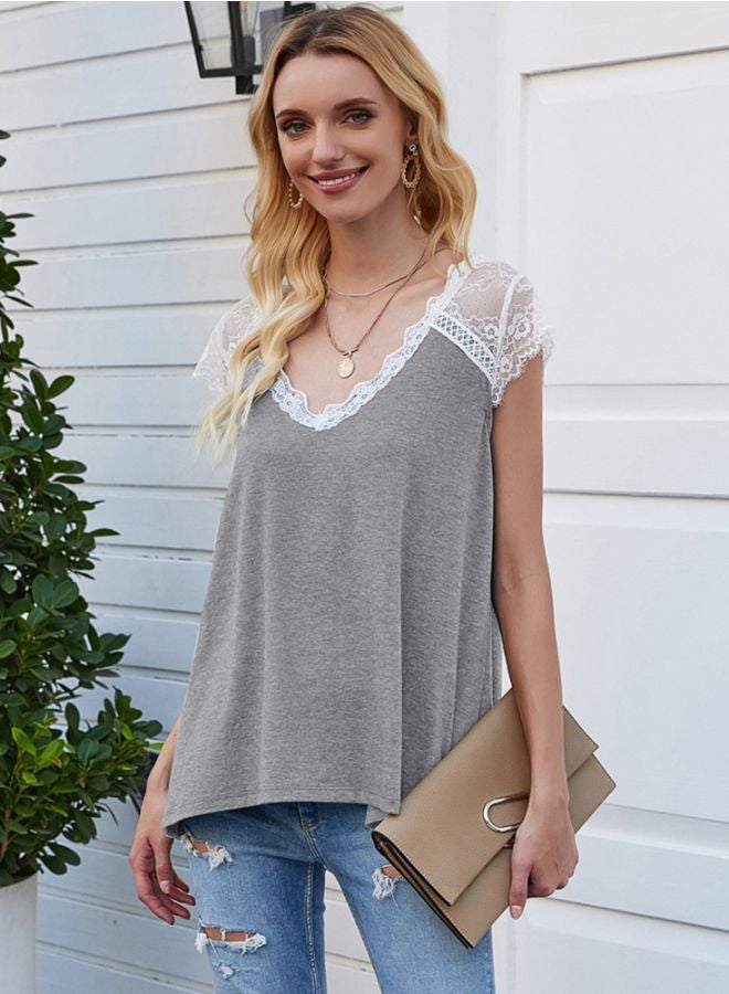 V-Neck Lace Detailed T-Shirt Grey/White - Image 4