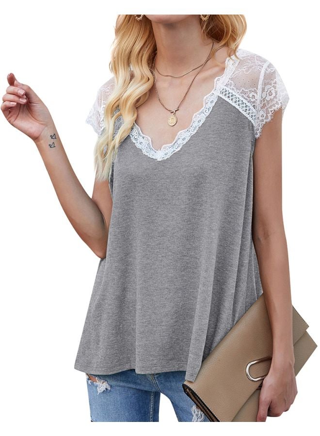 V-Neck Lace Detailed T-Shirt Grey/White - Image 1