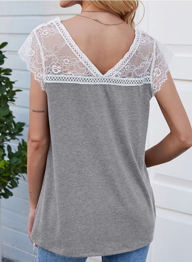 V-Neck Lace Detailed T-Shirt Grey/White - Image 2