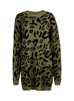 Leopard Pattern Round Neck Sweater Army green/Black