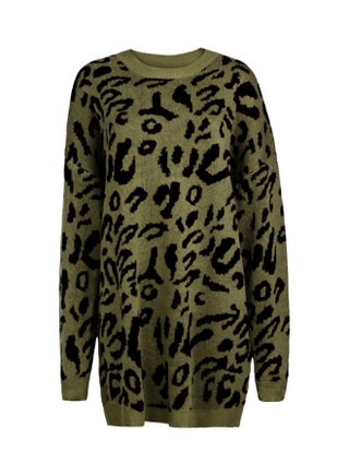 Leopard Pattern Round Neck Sweater Army green/Black - v1598522152/N39945696V_1