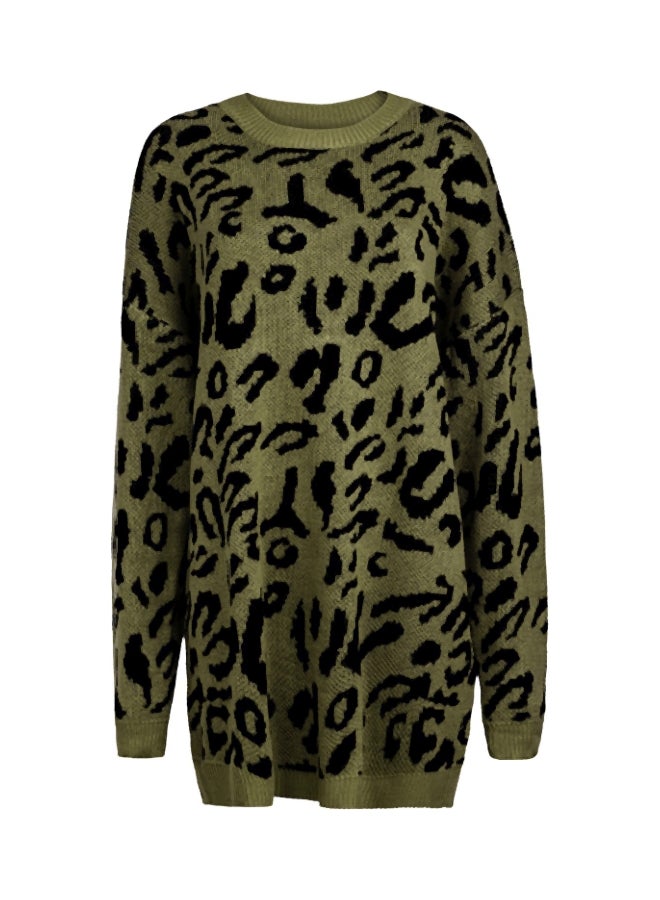 Generic - Leopard Pattern Round Neck Sweater Army green/Black - Image 1