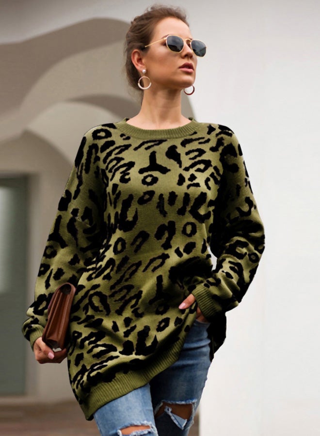Generic - Leopard Pattern Round Neck Sweater Army green/Black - Image 1