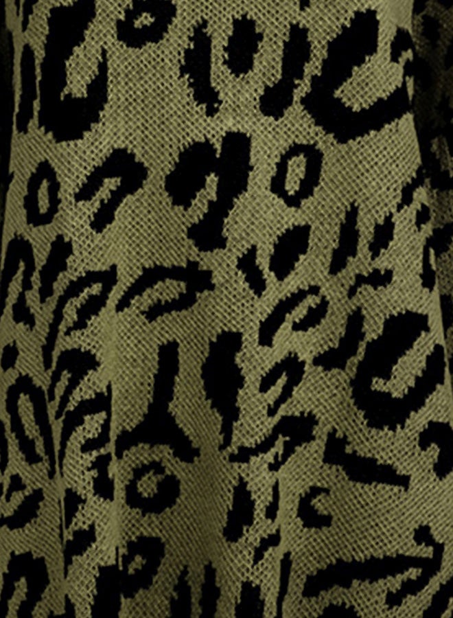 Generic - Leopard Pattern Round Neck Sweater Army green/Black - Image 1