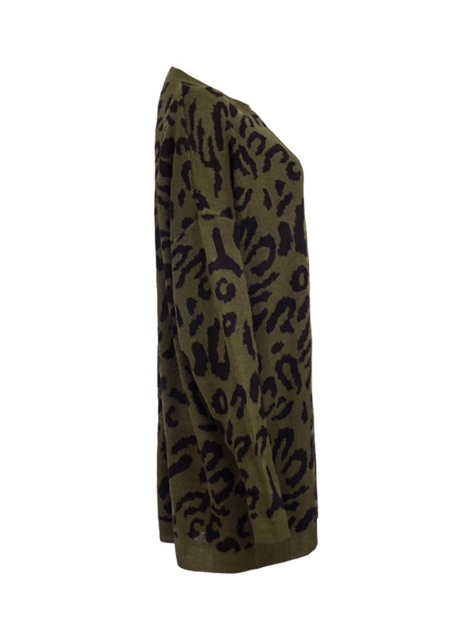 Generic - Leopard Pattern Round Neck Sweater Army green/Black - Image 1