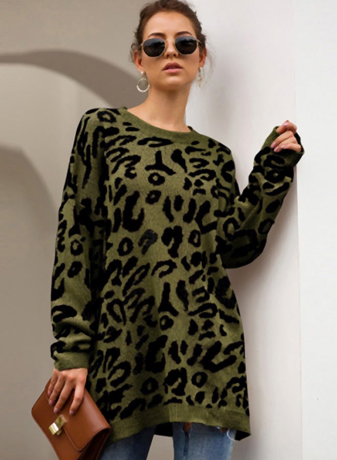 Generic - Leopard Pattern Round Neck Sweater Army green/Black - Image 1