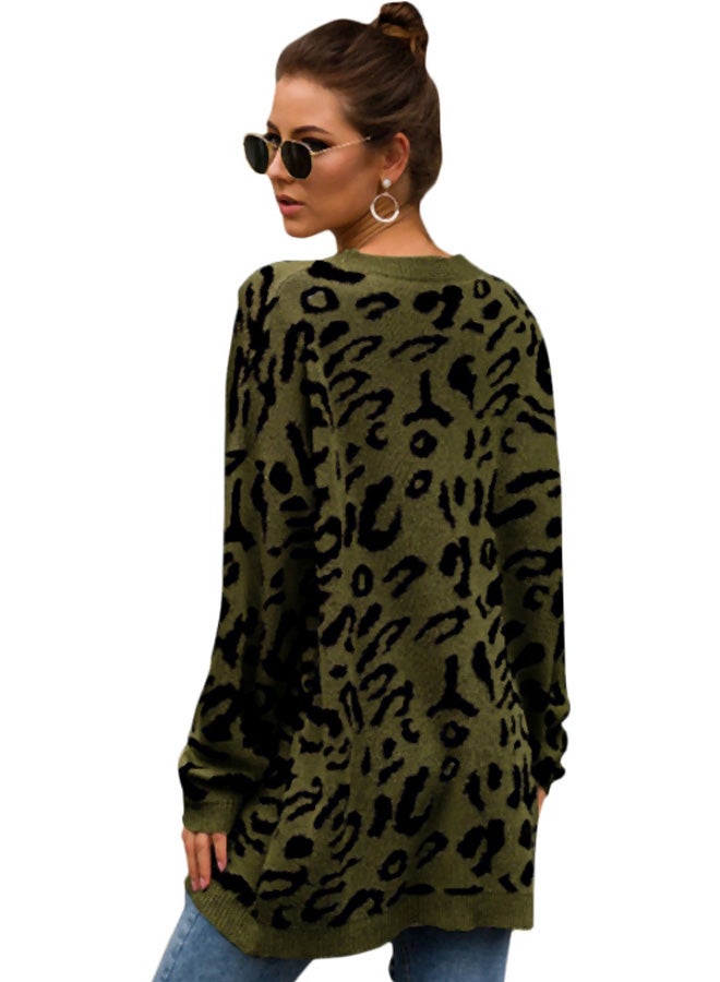 Generic - Leopard Pattern Round Neck Sweater Army green/Black - Image 1