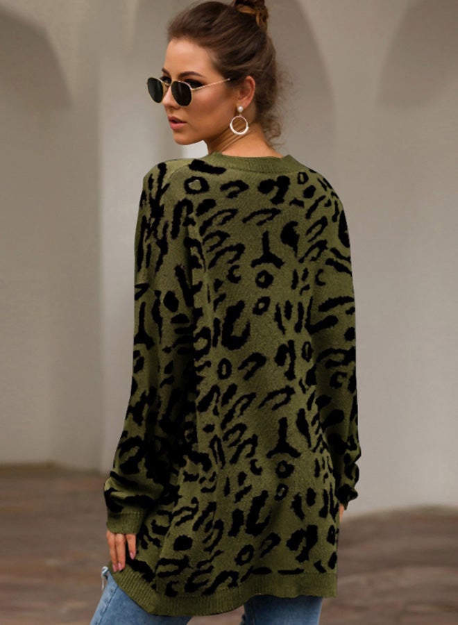 Generic - Leopard Pattern Round Neck Sweater Army green/Black - Image 1
