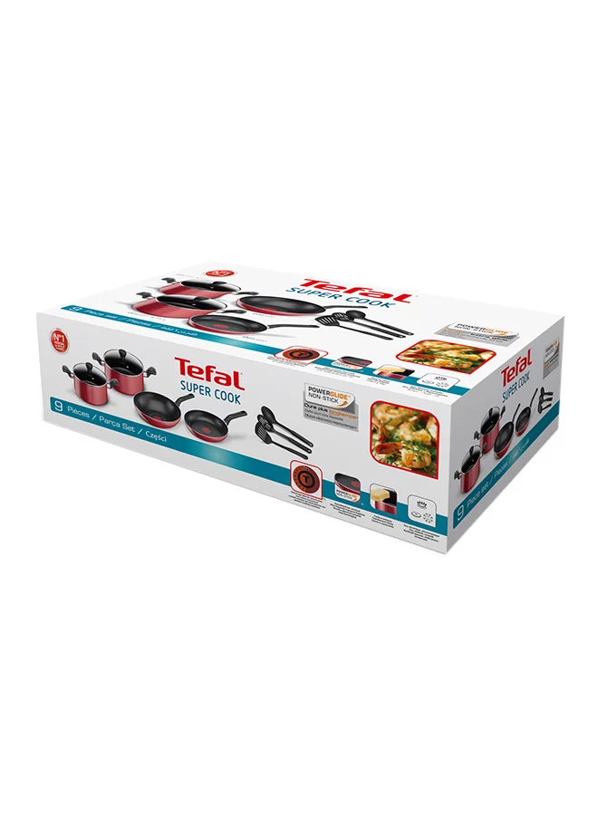 تيفال TEFAL طقم سوبر كوك مكون من 12 قطعة | مقالي 22/24 سم، مقلاة ووك 28 سم، قدور 22/24/28 سم + أغطية، ملعقة، ملعقة مشقوقة، ملعقة مسطحة مشقوقة | غير لاصق | مؤشر حرارة Thermo-Signal | أحمر | ضمان لمدة سنتين | B460SC84 أحمر/أسود 22,24,28,24,28سم