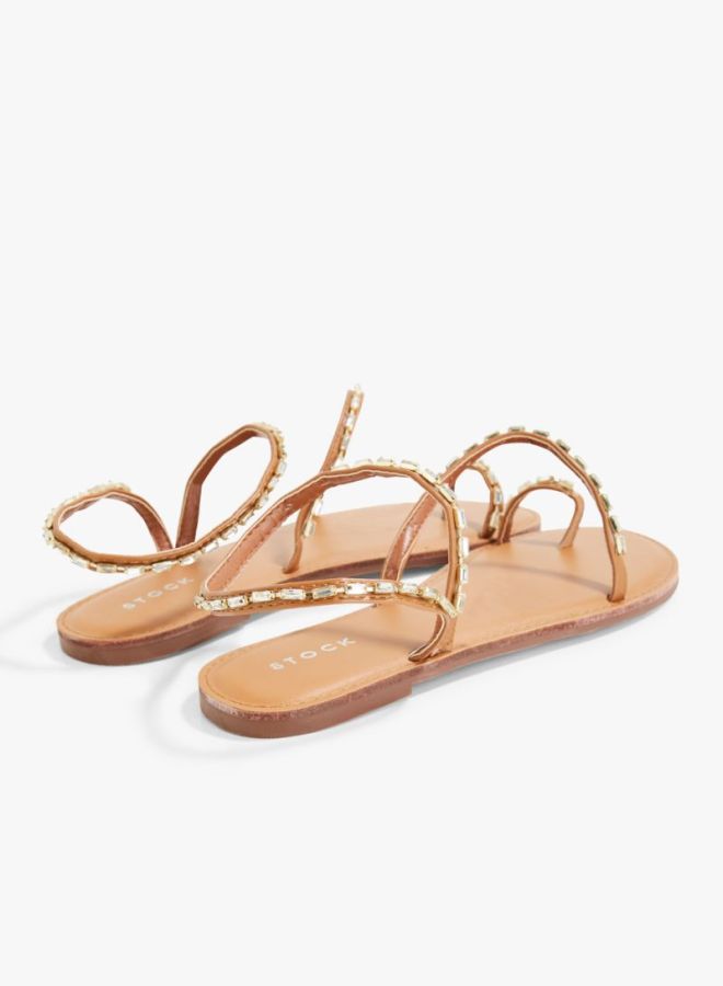 Stock Rhinestone Detail Flat Sandals Brown  - Image 3
