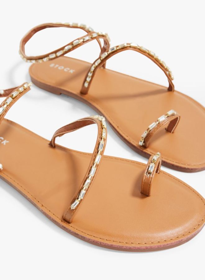 Stock Rhinestone Detail Flat Sandals Brown  - Image 4