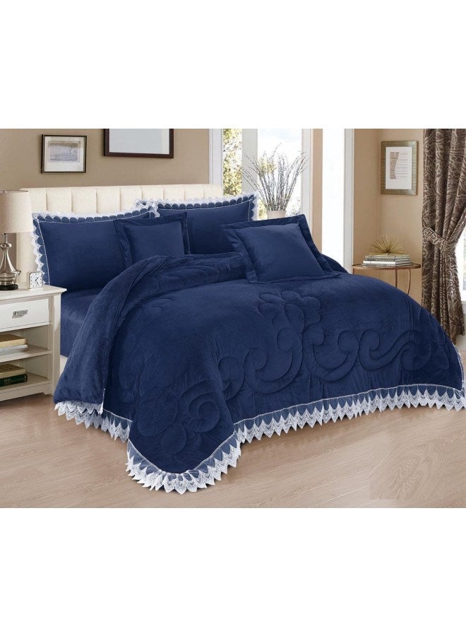 Hours 6-Piece Lace Detailed Double Comforter Set Velvet Navy Blue/White King Size 
