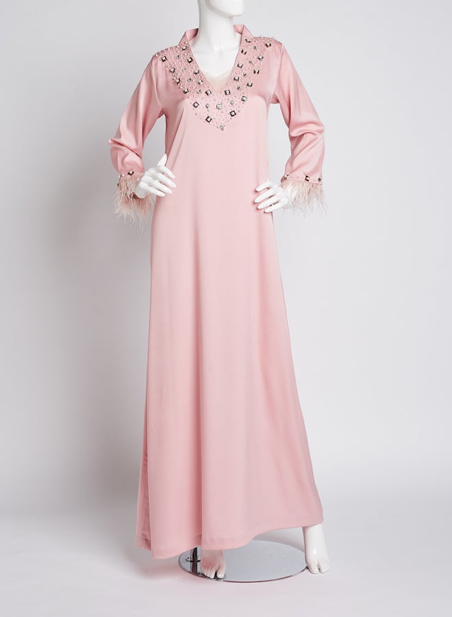 Ibriz Couture V-Necked Crepe Jalabiya Pink  - Image 1