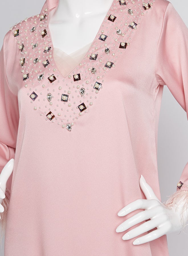 Ibriz Couture V-Necked Crepe Jalabiya Pink  - Image 3