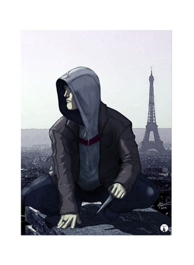 بي بي ملصق معدني بطبعة من لعبة الفيديو Assassin's Creed أبيض/أزرق/رمادي 20x15سم