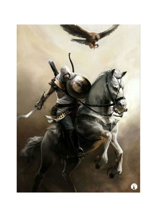 بي بي ملصق معدني بطبعة من لعبة الفيديو Assassin's Creed بيج/أبيض/بني 20x15سم